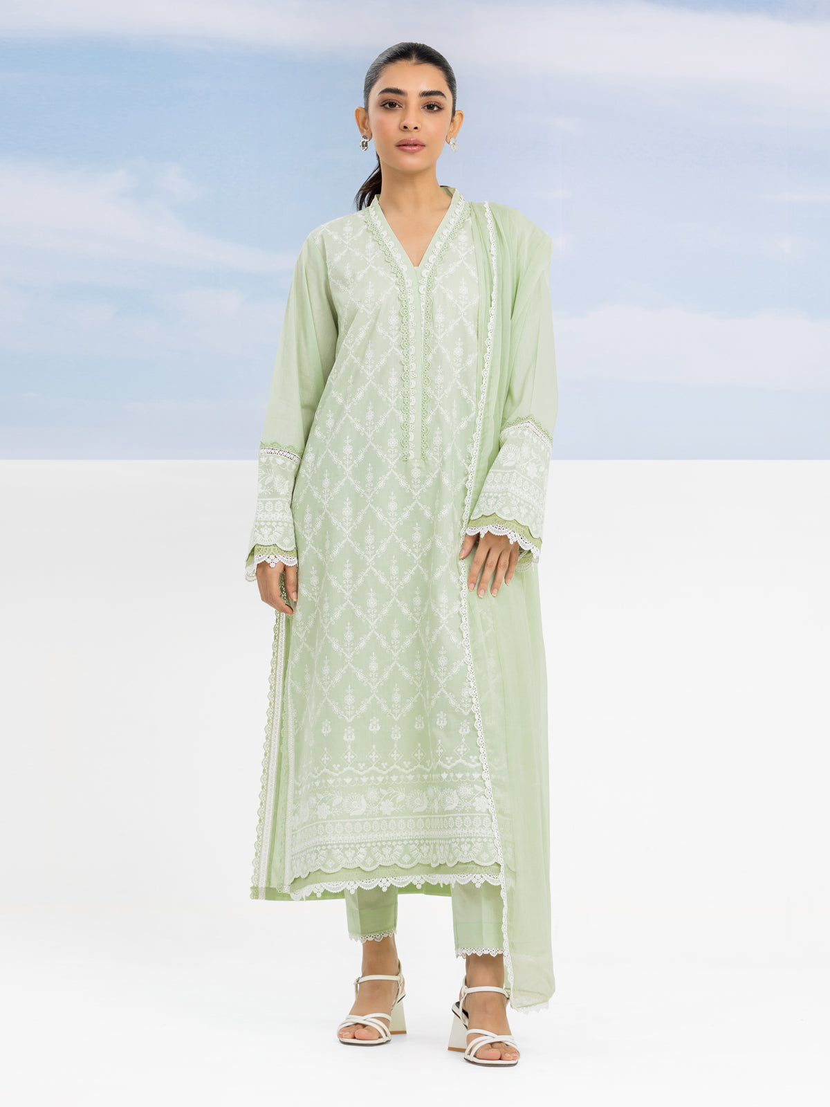 Unstitched Light Green Embroidered Cambric 3 Piece