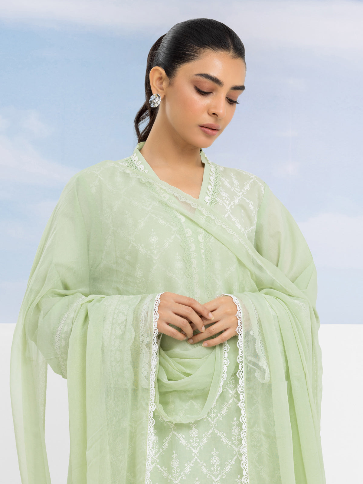 Unstitched Light Green Embroidered Cambric 3 Piece