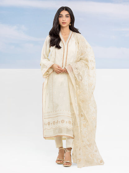 Unstitched Light Beige Embroidered Chanderi 3 Piece