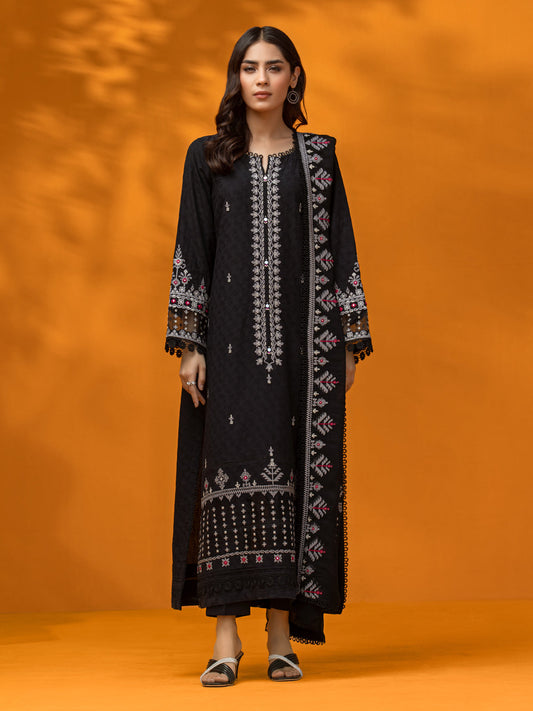 Unstitched Black Embroidered Dobby 3 Piece