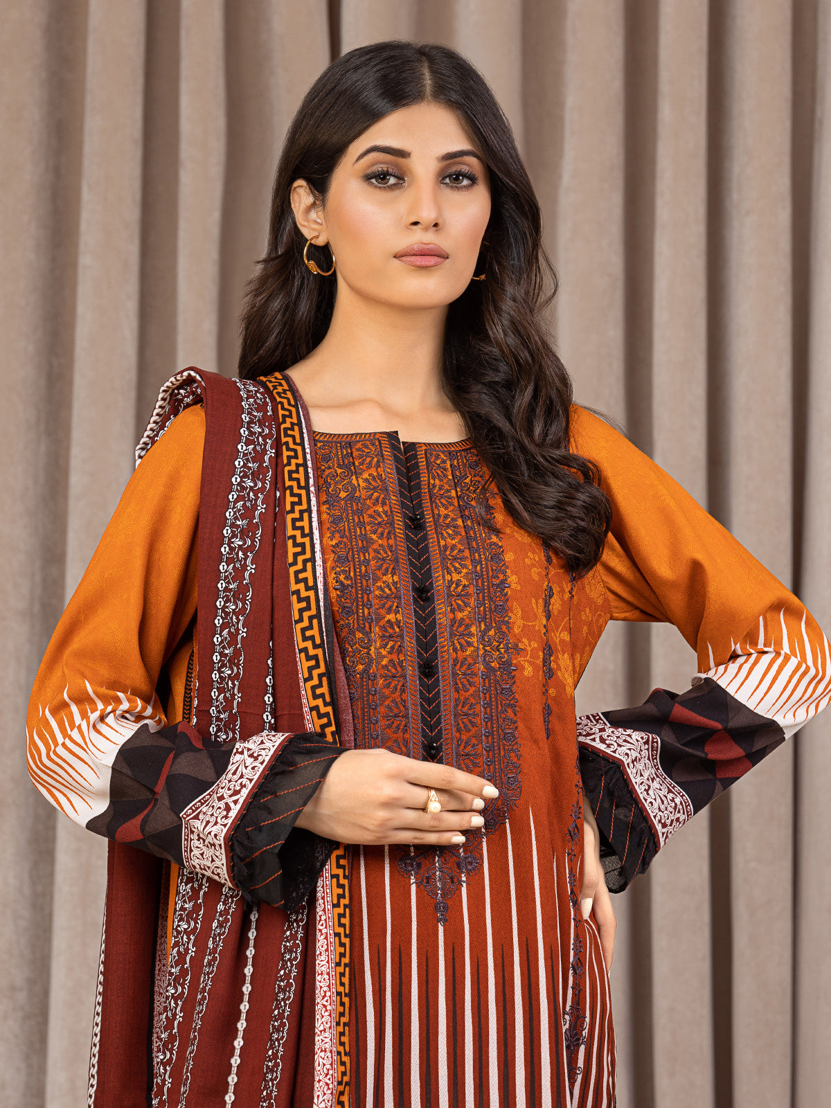 Unstitched Rust Embroidered Crepe 3 Piece