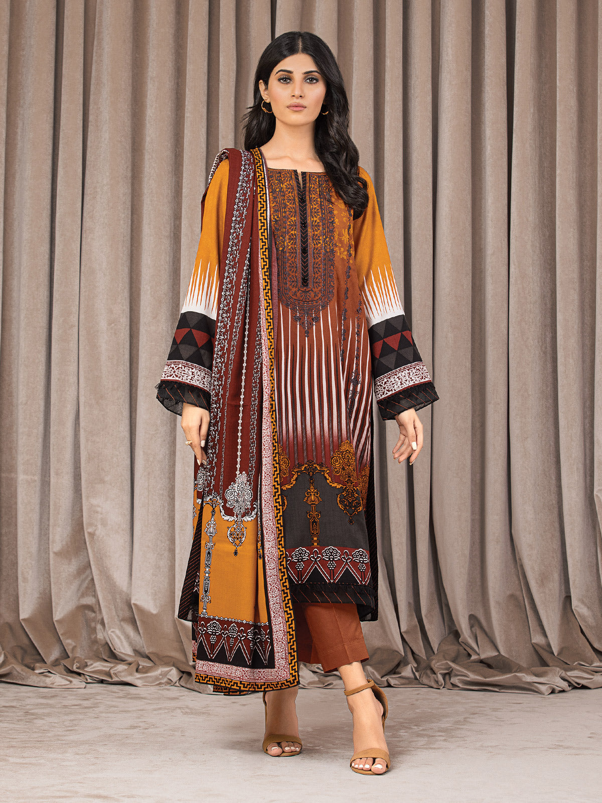 Unstitched Rust Embroidered Crepe 3 Piece