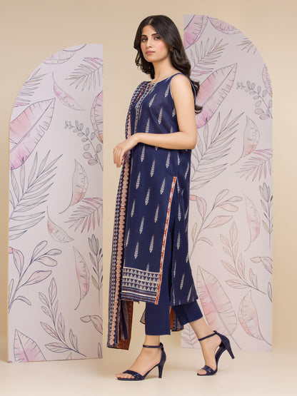 Unstitched Dark Navy Printed Lawn 3 Piece