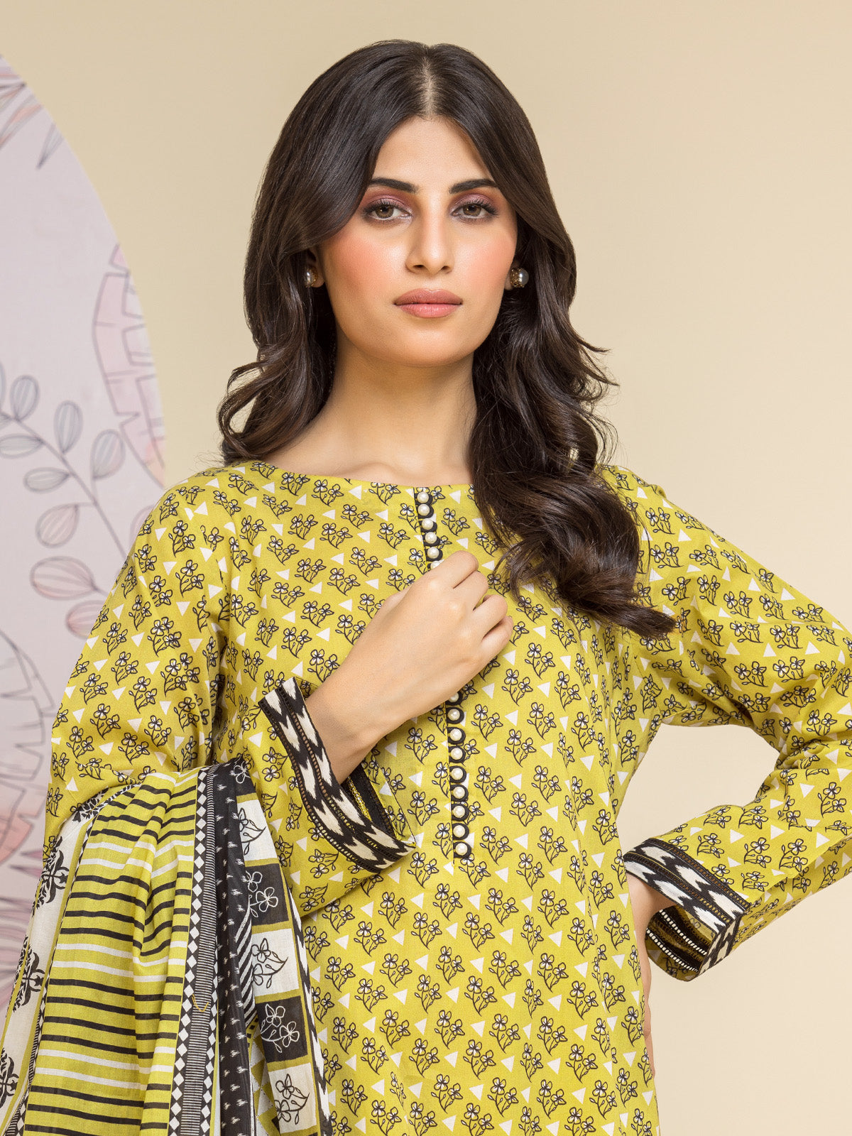 Unstitched Light Mehndi Printed Lawn 3 Piece