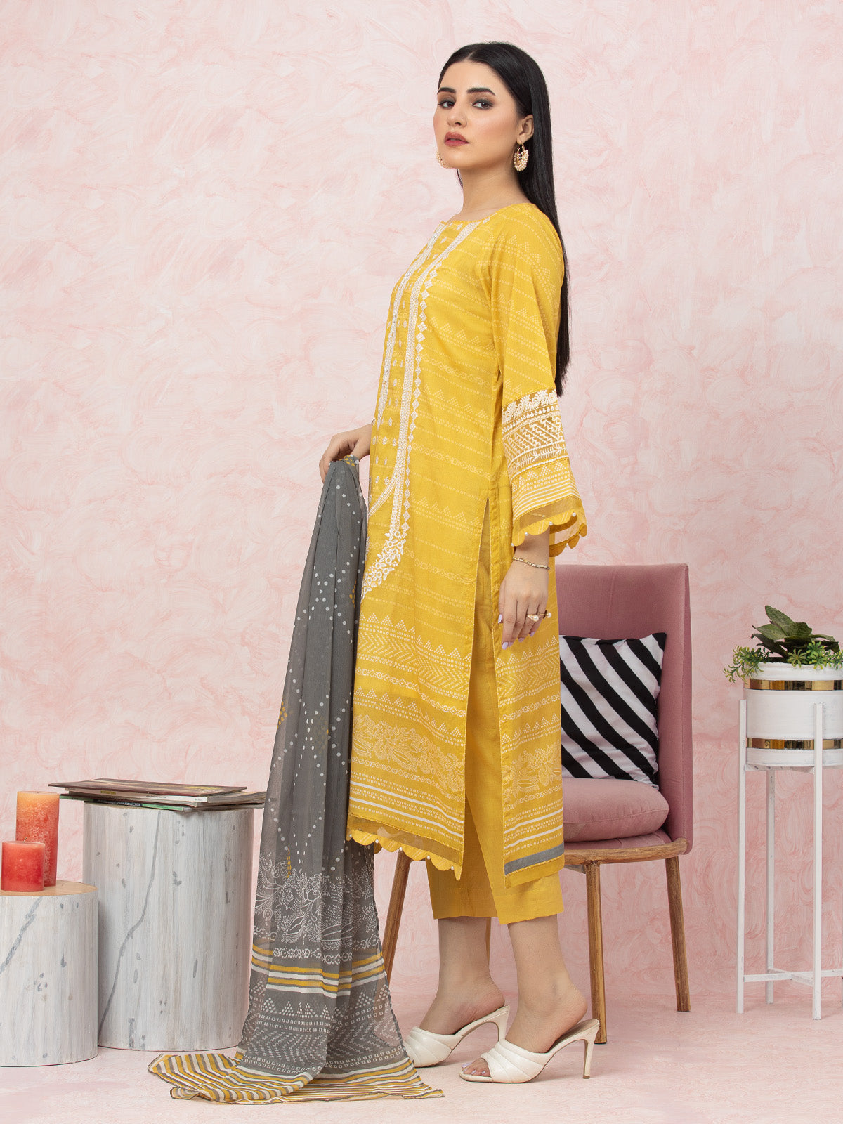 Unstitched Yellow Embroidered Lawn 3 Piece