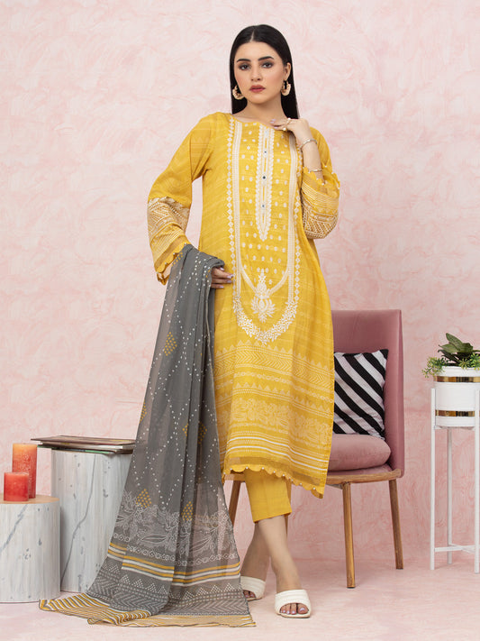 Unstitched Yellow Embroidered Lawn 3 Piece