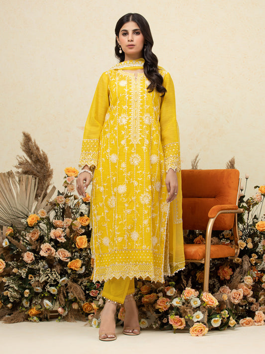 Unstitched Yellow Embroidered Chanderi 3 Piece