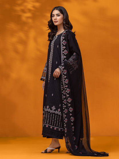 Unstitched Black Embroidered Dobby 3 Piece