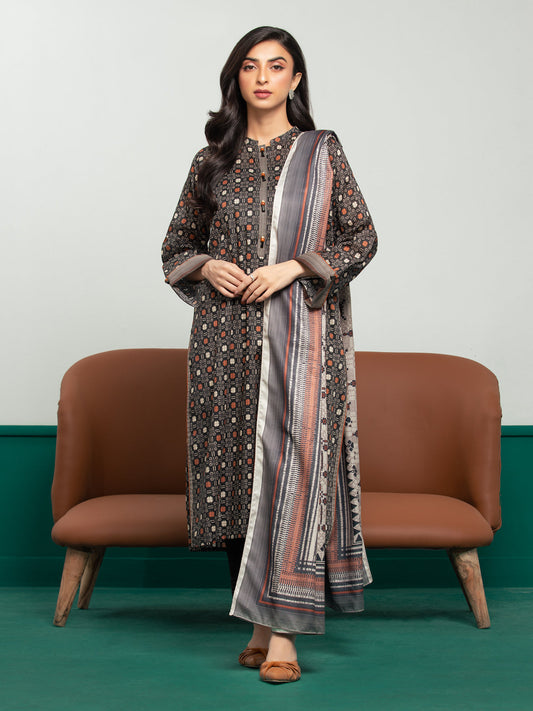 Unstitched Black Printed Khaddar 3 Piece