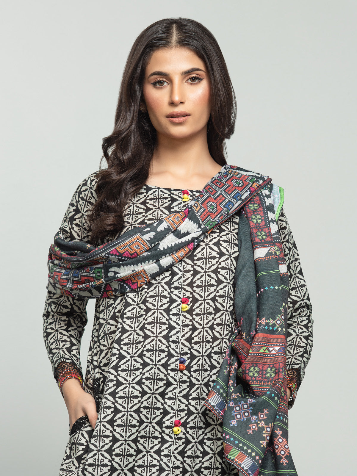 Unstitched Black & White Printed Khaddar 3 Piece