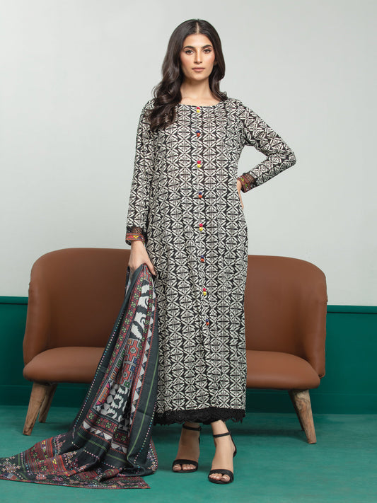 Unstitched Black & White Printed Khaddar 3 Piece