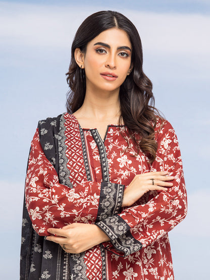 Unstitched Dark Rust Printed Lawn 3 Piece