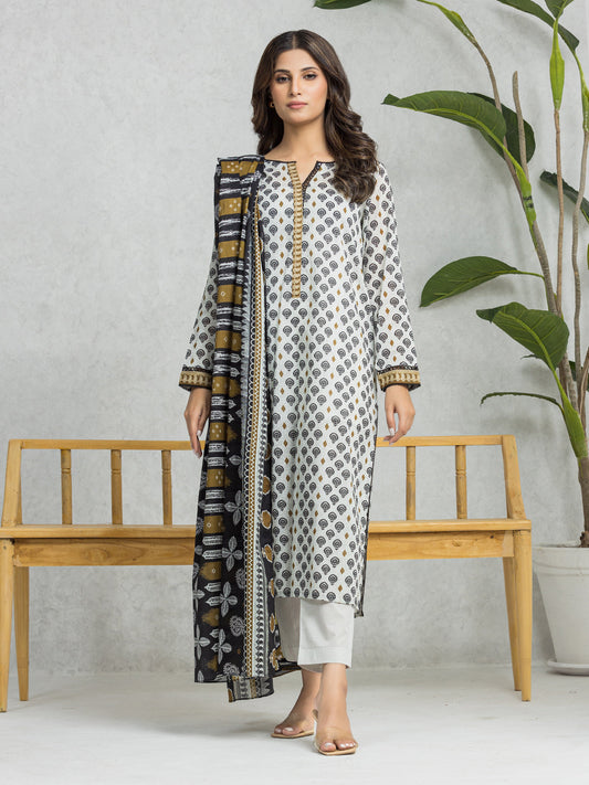 Unstitched Pearl White Printed Lawn 3 Piece