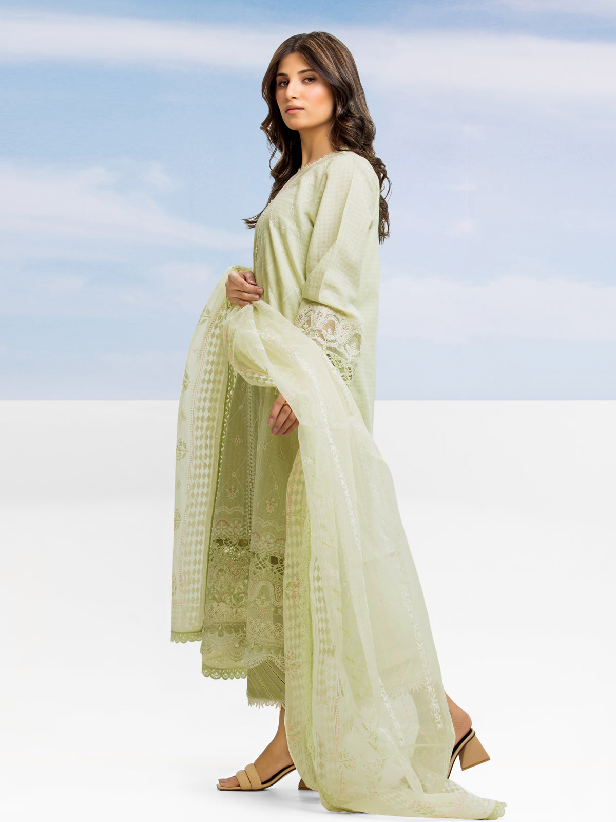 Unstitched Light Green Embroidered Dobby 3 Piece