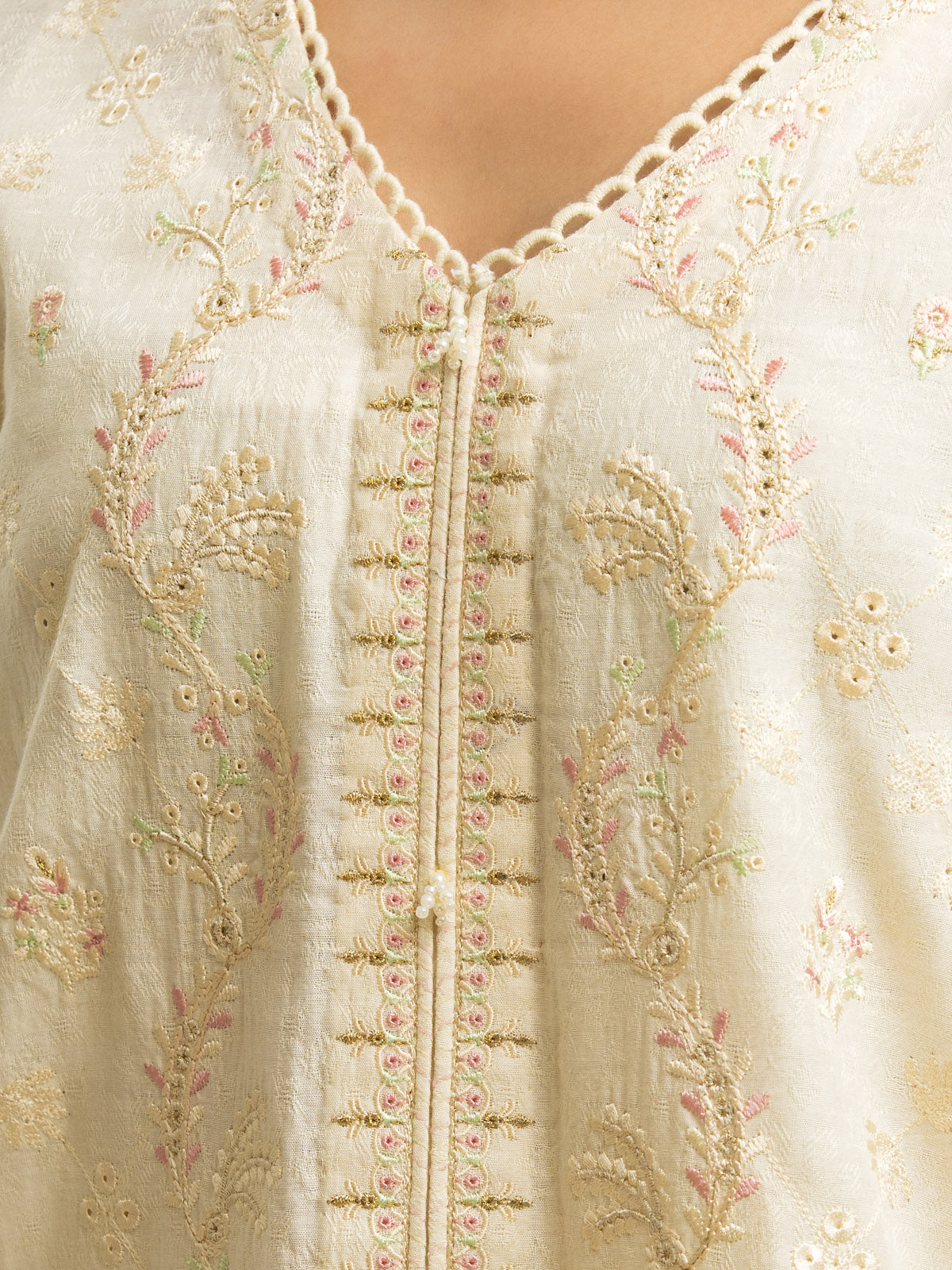 Unstitched Cream Embroidered Dobby 3 Piece