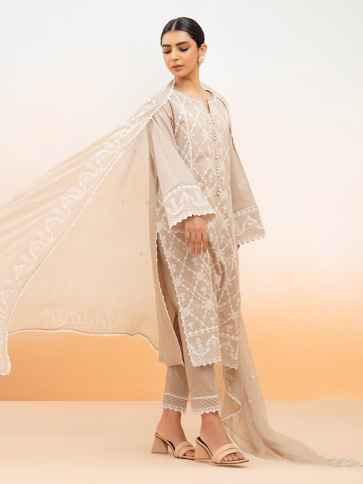 Unstitched Beige Embroidered Cambric 3 Piece