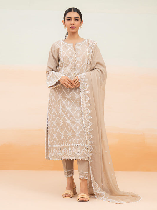 Unstitched Beige Embroidered Cambric 3 Piece