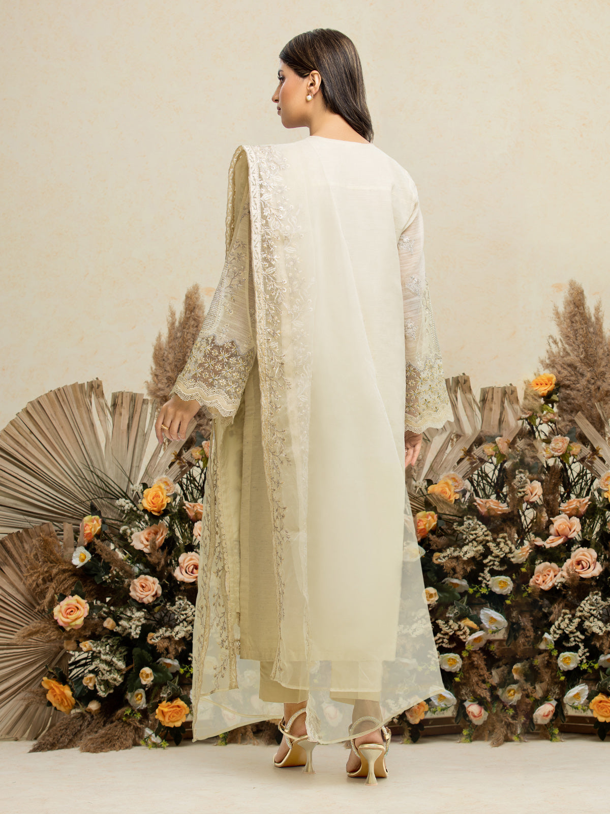 Unstitched Cream Embroidered Chanderi 3 Piece