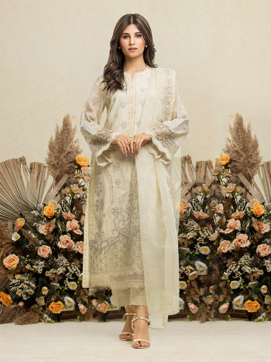 Unstitched Cream Embroidered Chanderi 3 Piece