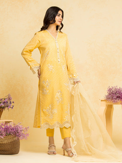 Unstitched Yellow Embroidered Dobby 3 Piece