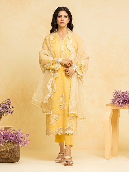 Unstitched Yellow Embroidered Dobby 3 Piece