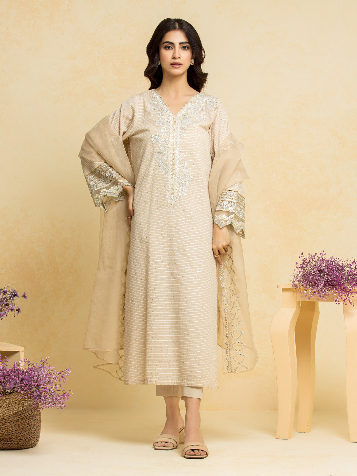 Unstitched Light Beige Embroidered Dobby 3 Piece