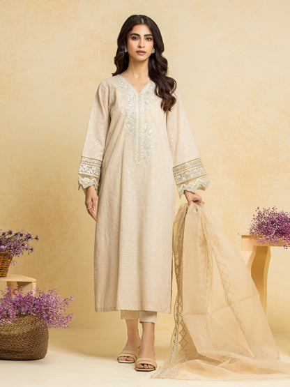 Unstitched Light Beige Embroidered Dobby 3 Piece