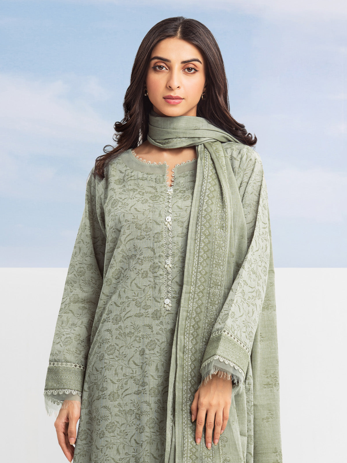 Unstitched Light Sage Jacquard 3 Piece